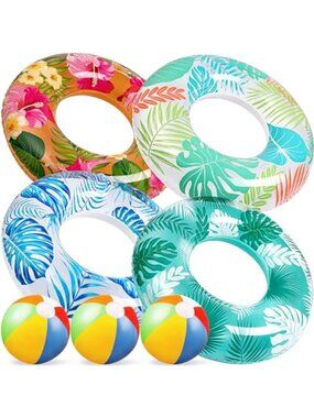 Luau Pool Float Set Inflatable Swim Rings Beach Balls Tropical Party 7 Pack